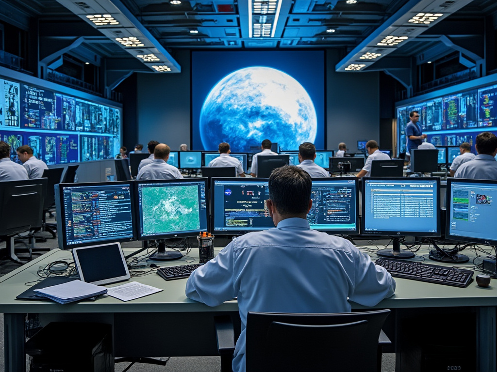 NASA scientists working away at computers in a control room