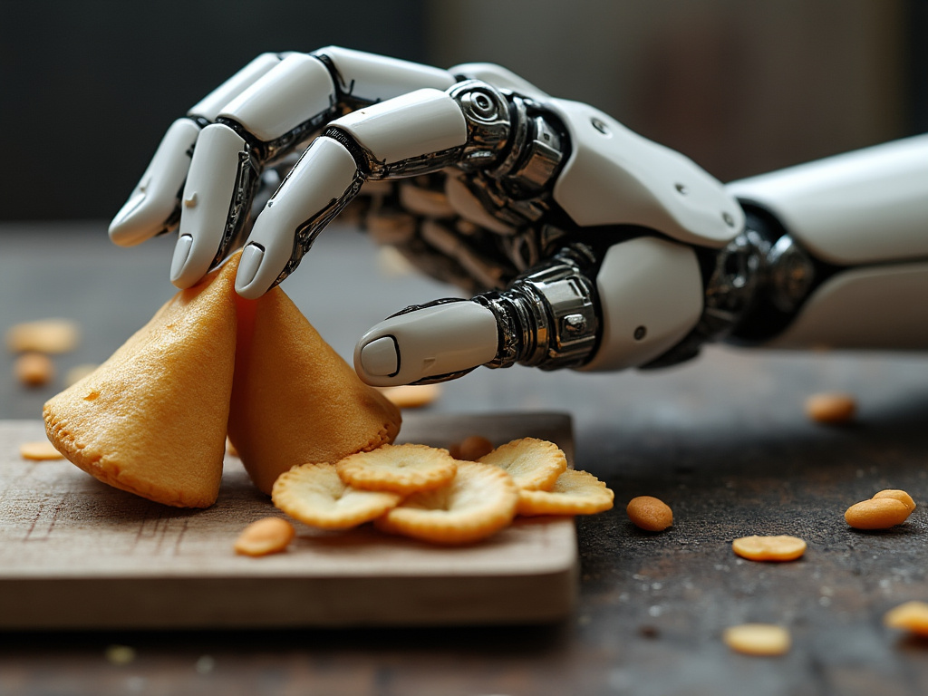 a multi-fingered AI hand cracking open a fortune cookie