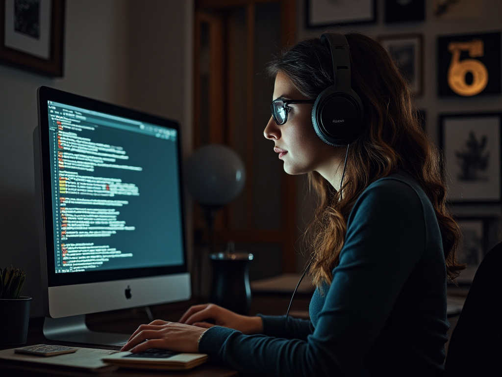 A blind novelist intently listens to his computer screen.
