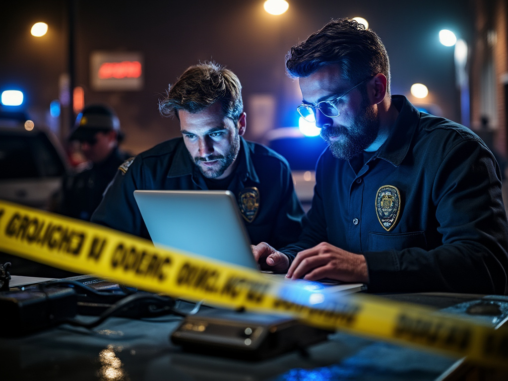 A team of detectives investigating a murder scene on a laptop with the cover pulled back