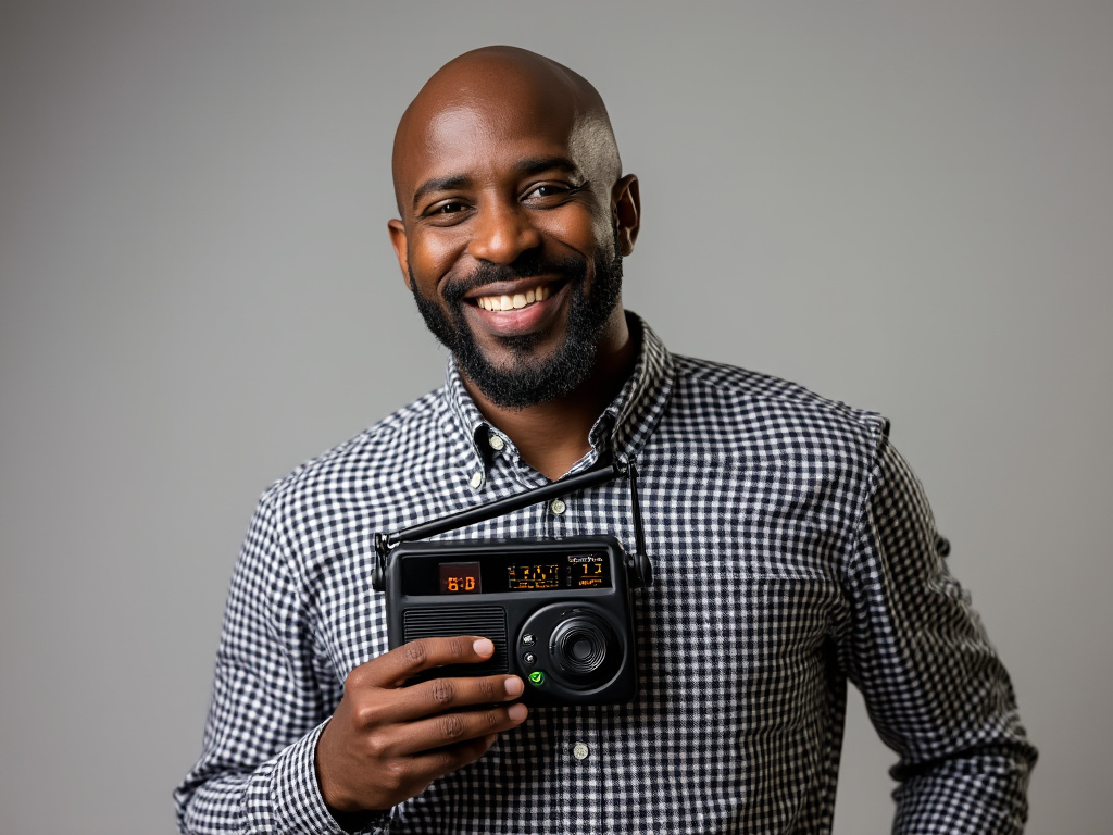 A man holding a radio, smiling