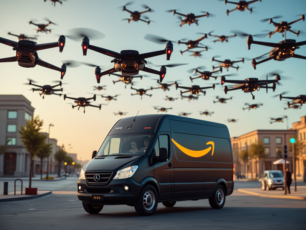 An Amazon van with a swarm of 400,000 delivery drones in the sky in the daytime