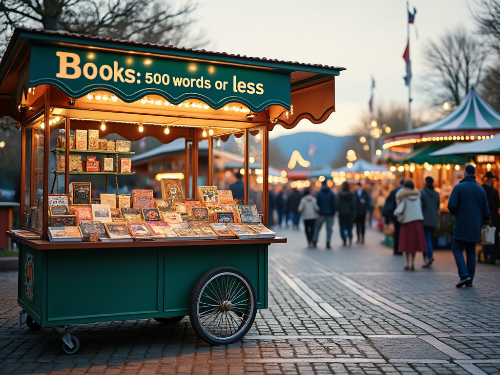 A selling cart at a fair that has a sign on it that reads "Books: 500 words or less"