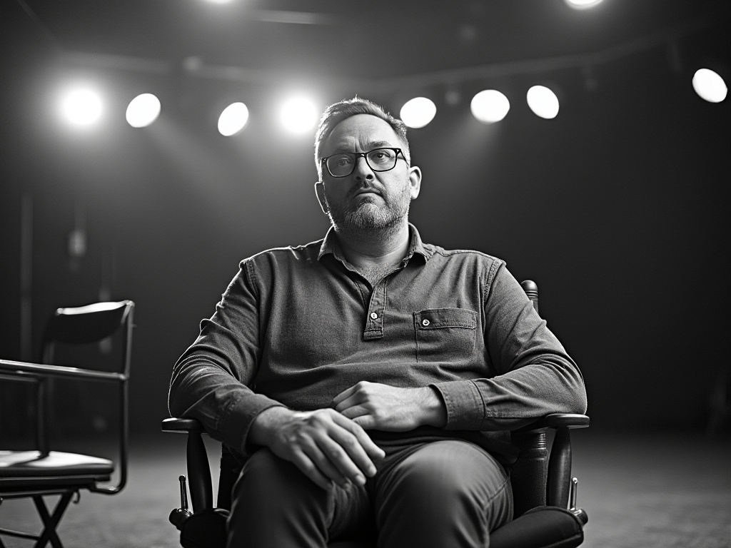A director in a chair on a sound stage, looking perplexed