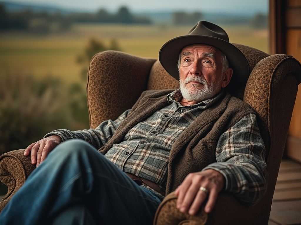 An older country farmer sitting in an armchair looking confused and unsure