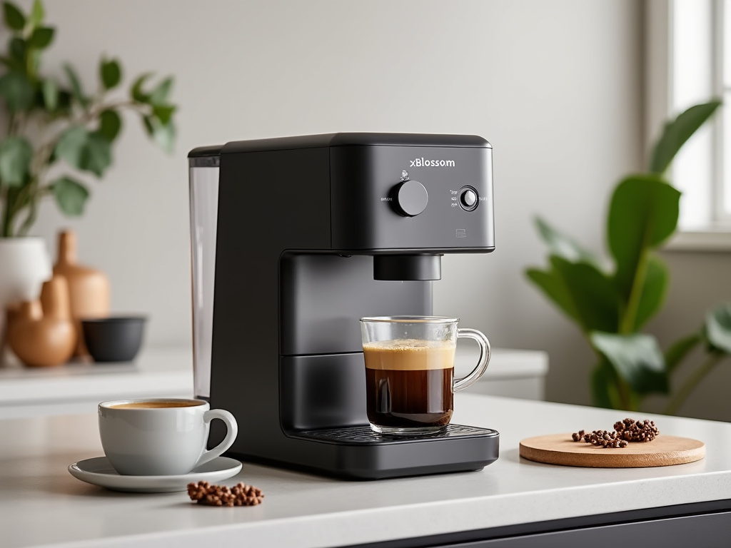 The xBlossom machine - a countertop appliance with a grinder and coffee brewer