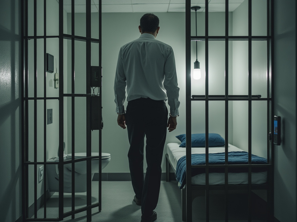 A businessman being put into handcuffs and led into jail, inside of jail cell includes a toilet and metal cot with blanket, pillow and single light hanging from ceiling, on the wall is a smart phone holder with a smart phone