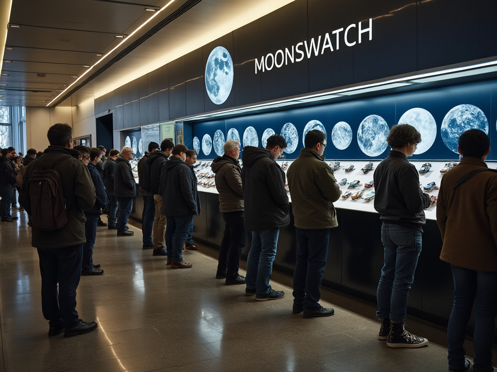 A bunch of nerdy people lined up waiting to buy a limited edition MoonSwatch