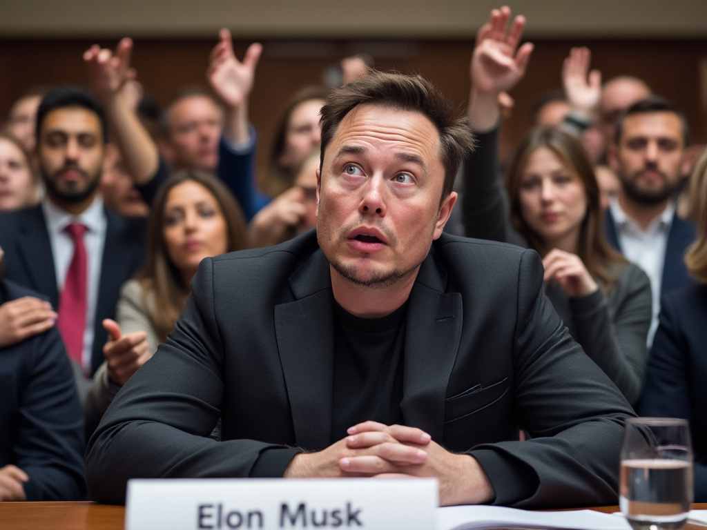 A bewildered Elon Musk sitting at a desk with a sea of reporters raising hands to ask questions