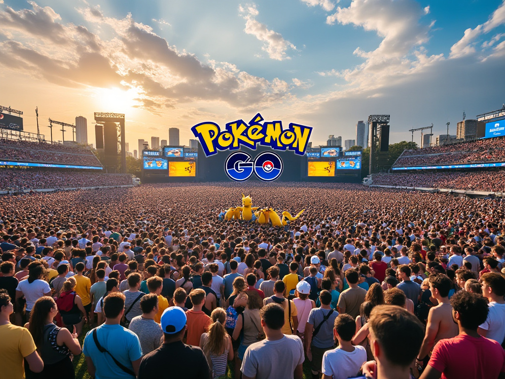 A massive group of Pokémon Go trainers on a massive field during the Pokémon Go Fest event, as a part of their Pokémon GO tour.