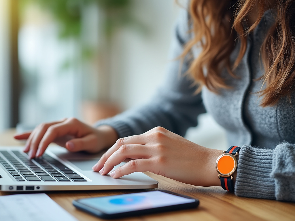 A woman typing at a computer with a yubikey in it