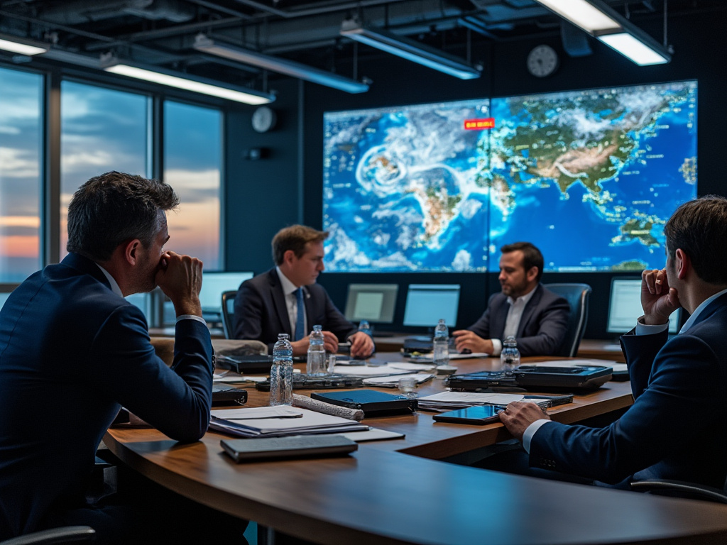 An emergency meeting at a weather forecasting station, where a bunch of senior meteorologists are crying tears of joy