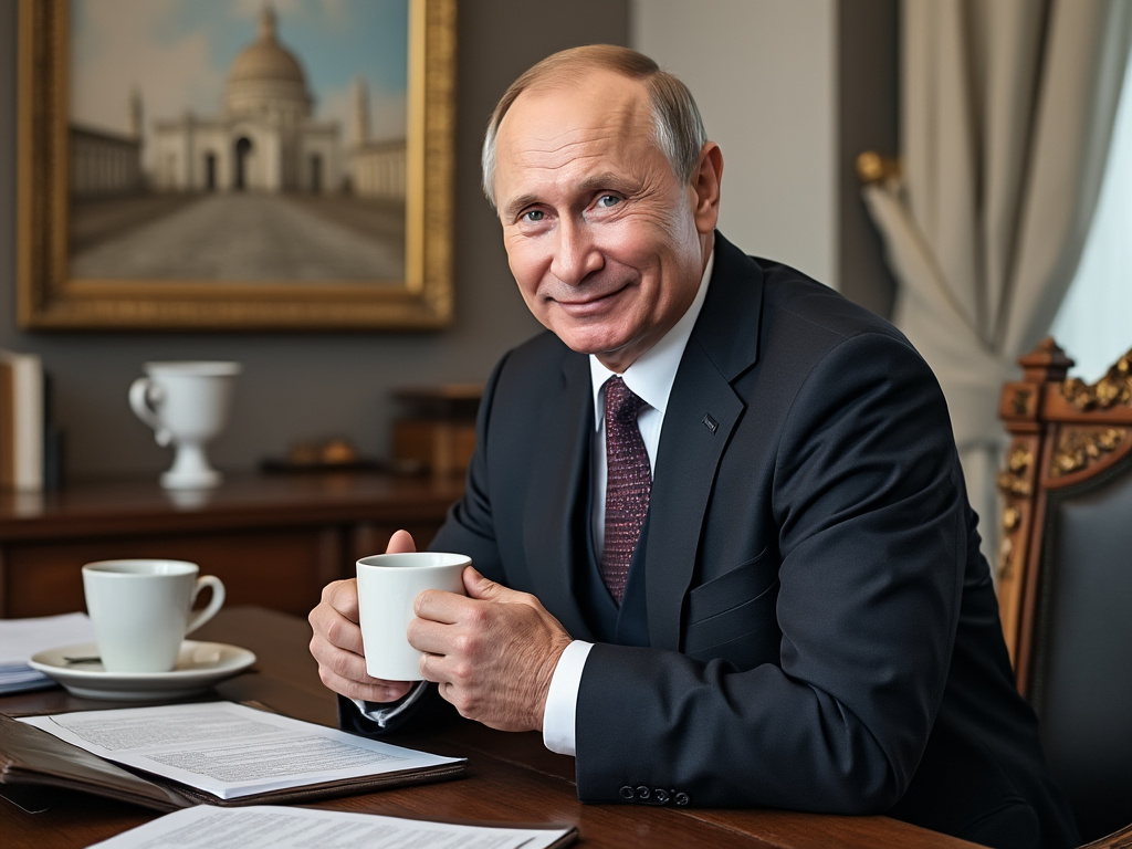 Vladimir Putin sitting on the edge of his desk, smiling and holding a coffee mug
