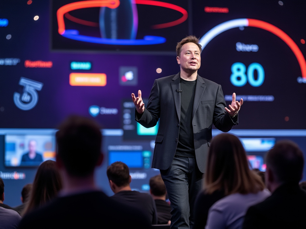 Elon Musk giving a talk in front of people at a convention.