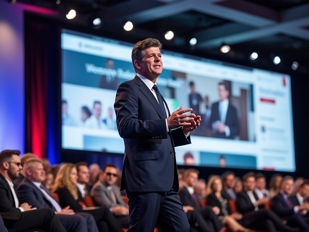 JFK JR ON STAGE WITH IMAGES OF A WEBSITE BUILDER BEHIND HIM