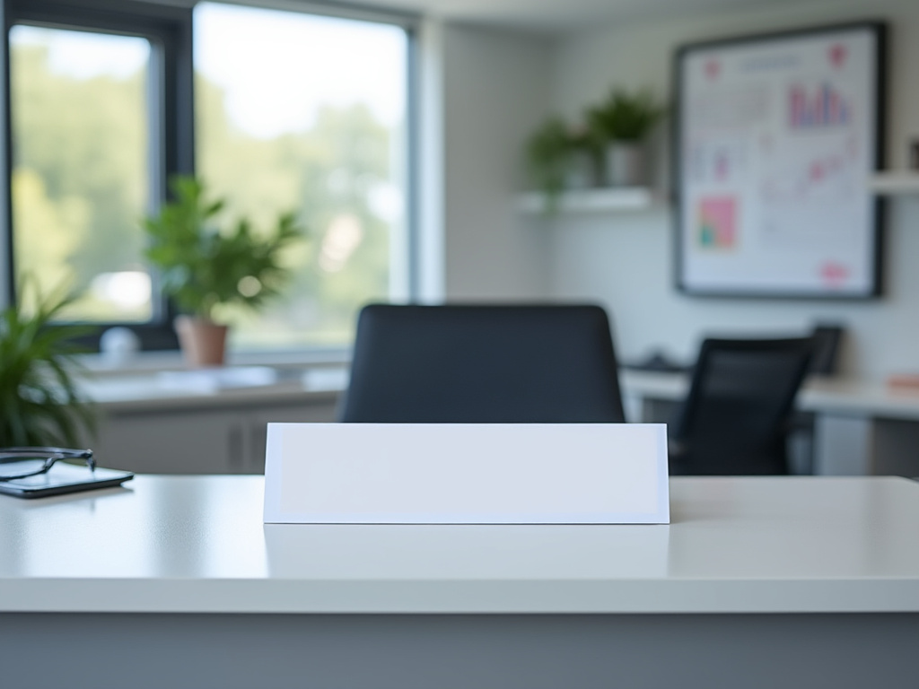 Typical doctor's office, with blurred out nameplate on the desk