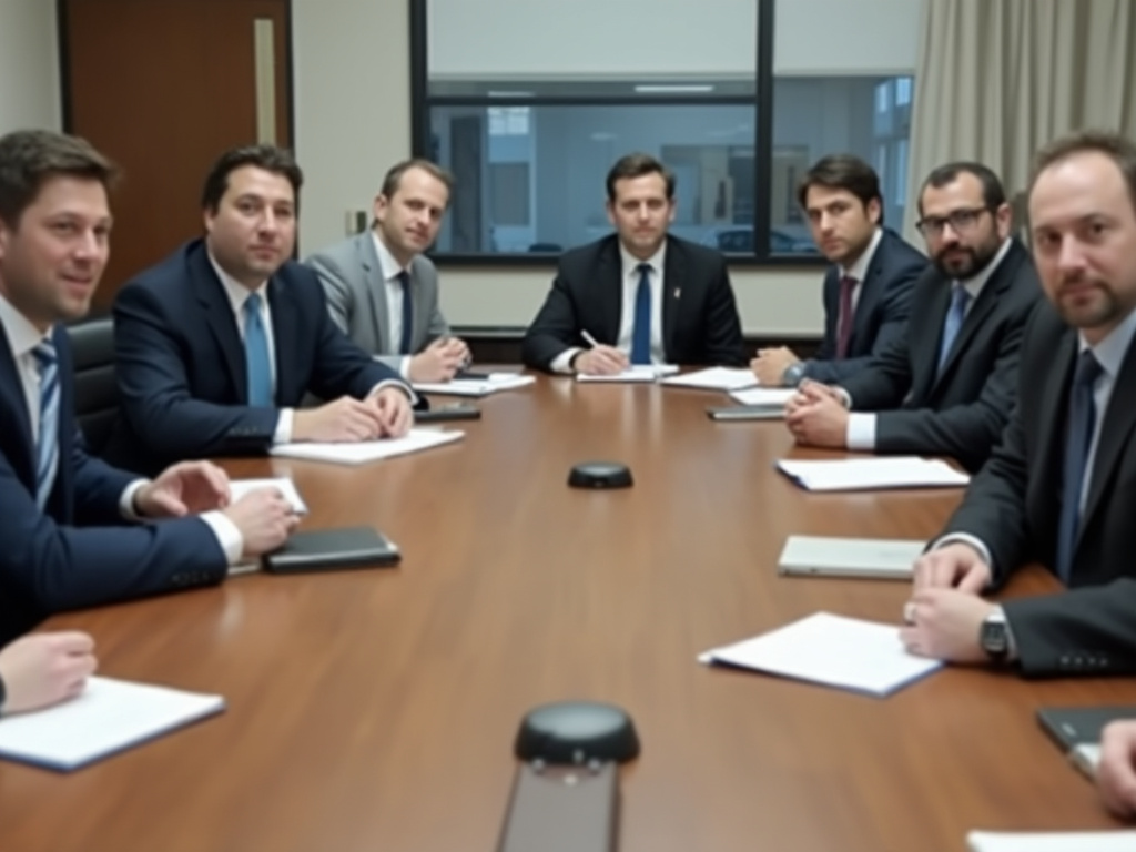 Seven people, six males and one female, sitting at a large table in a conference room. The image is low quality, as if taken from a hidden camera.