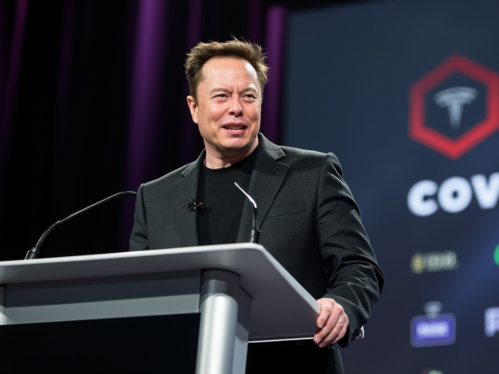 Elon Musk standing at a podium on a stage with an angry face.