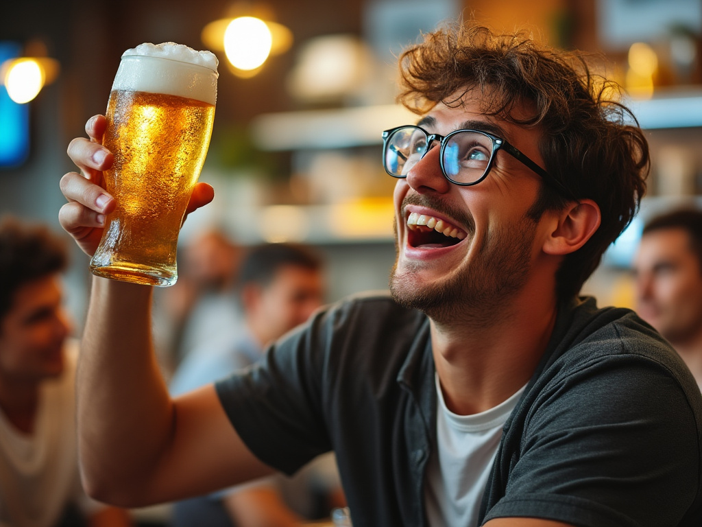 An image of a nerdy guy in glasses hoisting a Corona beer in celebration