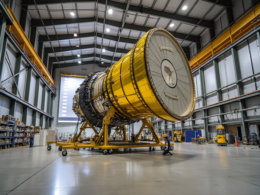The James Webb Space Telescope hangs in a large warehouse as it is being constructed by its all-female team of scientists.