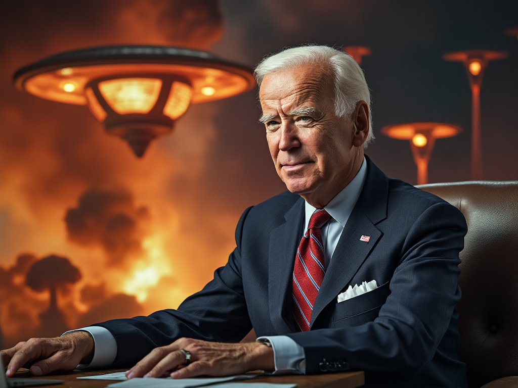 President Joe Biden on national TV, though he is poorly CGI de-aged, praising alien visitors for coming to Earth and getting blown up for the sake of our country