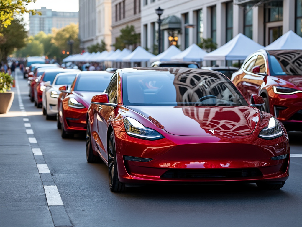 a long line of shiny new Tesla cars
