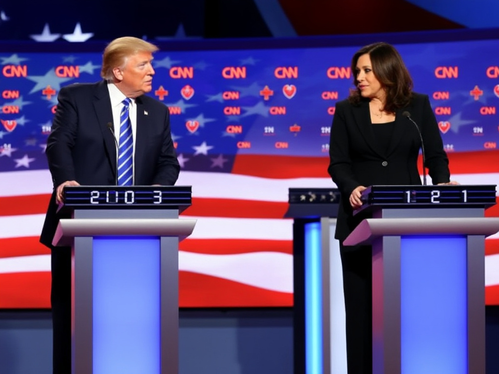 an image of a debate stage with an American flag backdrop and trump and kamala at podiums with countdown timers on them and mics attached