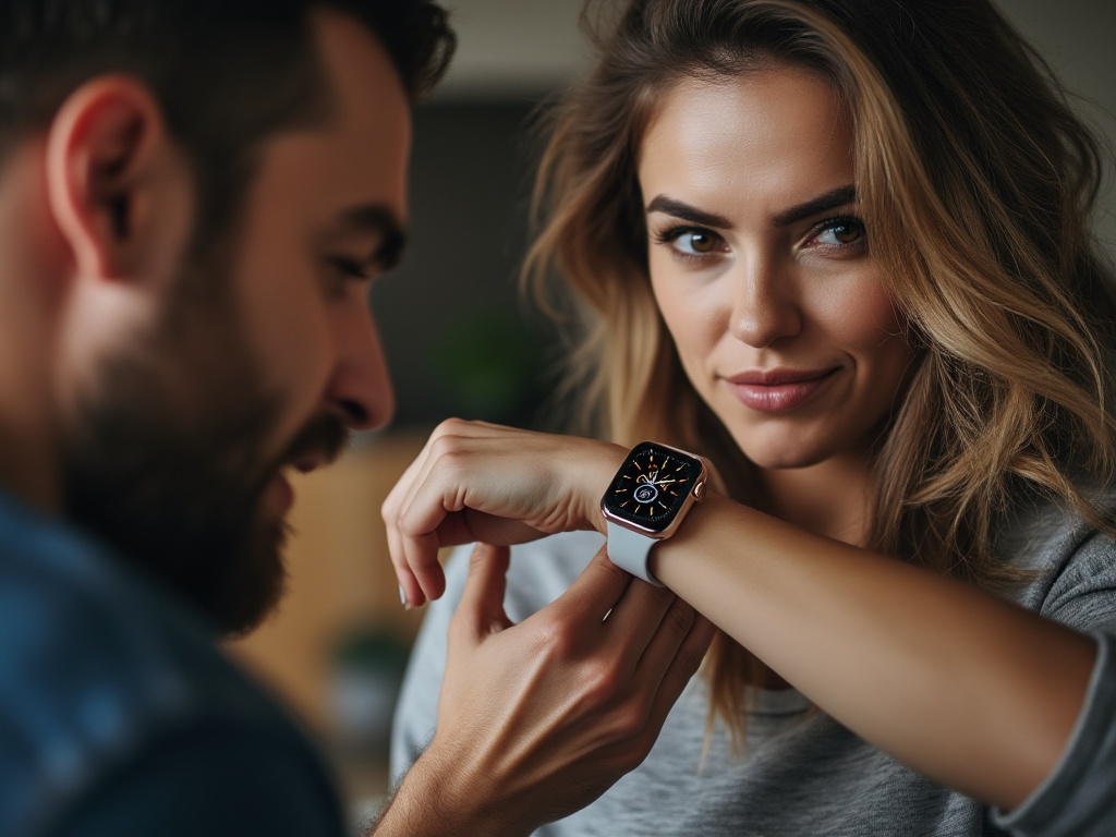 a photo of a woman making a sinister face as she shows off a new smart watch to her husband