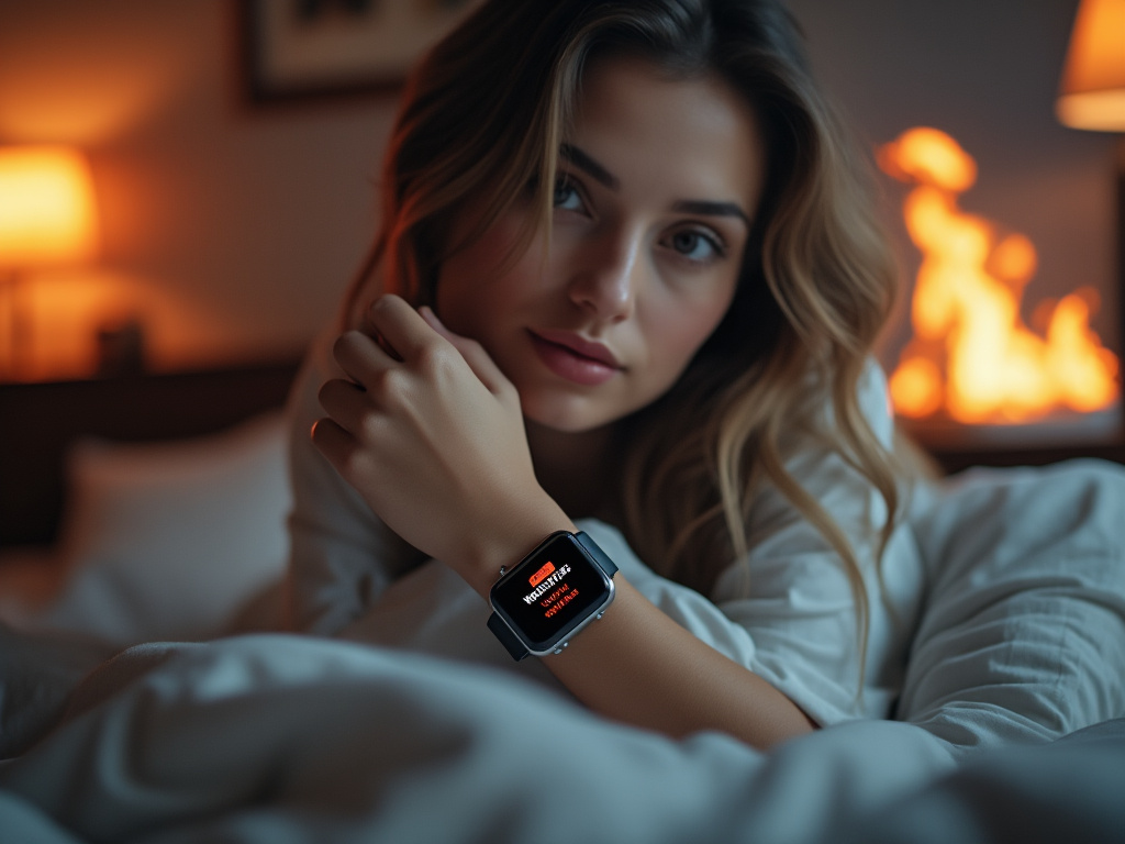 a photo of a woman lying in a bed while a room in her house is catching fire holding up her wrist to an Apple Watch display that says ALARM! WAKE UP INTRUSION DETECTED