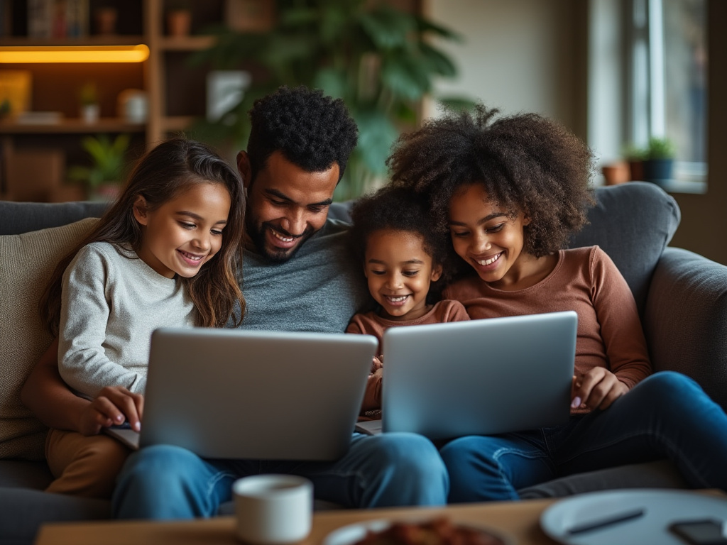 a family sitting on the couch all looking at laptops