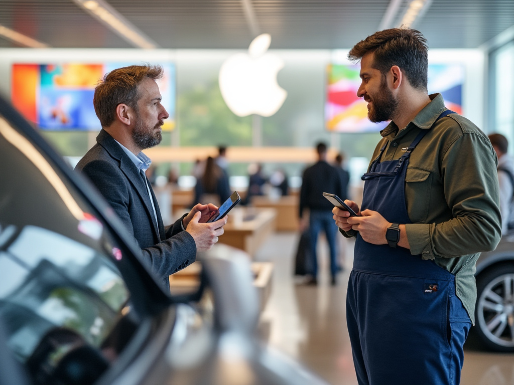 a photo of a man in an apple store asking a worker about cars