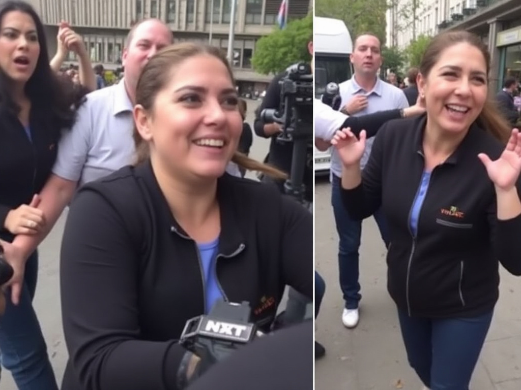 a photo of Maria Branyas swatting at cameras as she's helped down the street