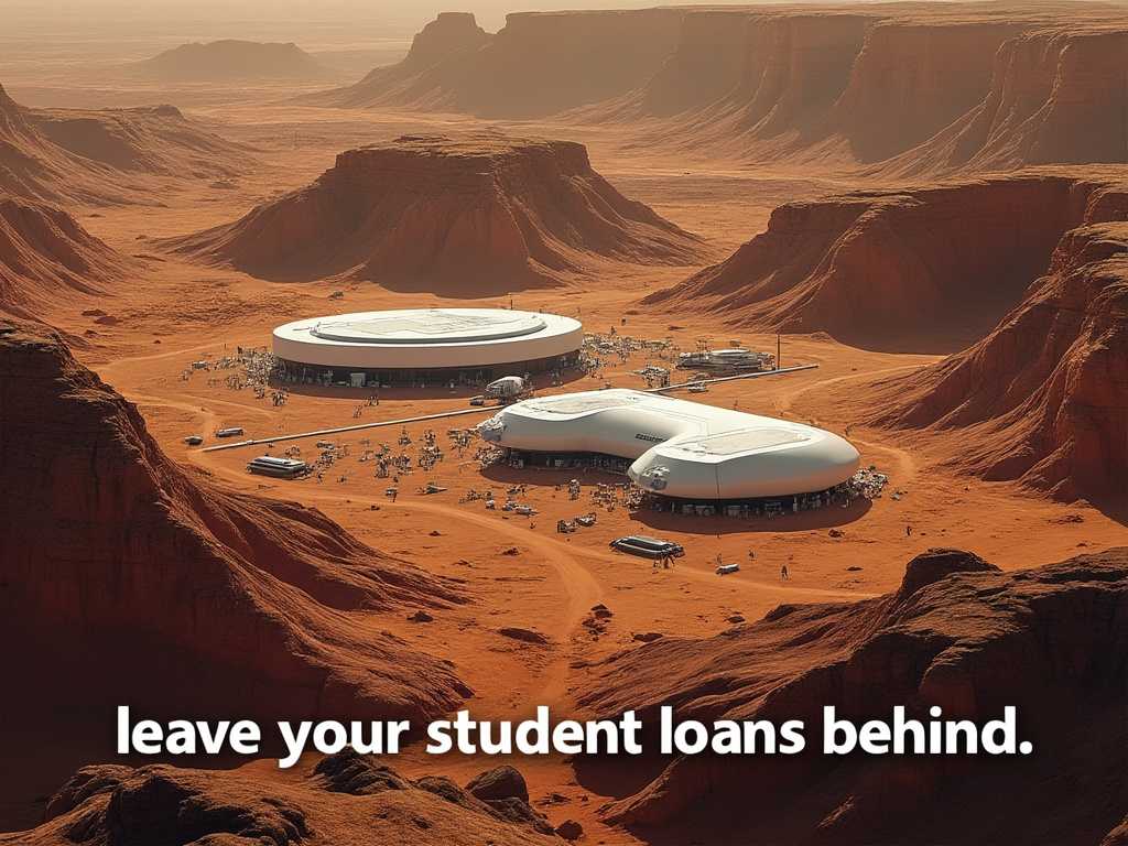 a photo of the Mars landscape with a SpaceX colony surrounded by the rocky canyon landscape, with an add on the bottom that says "leave your student loans behind."