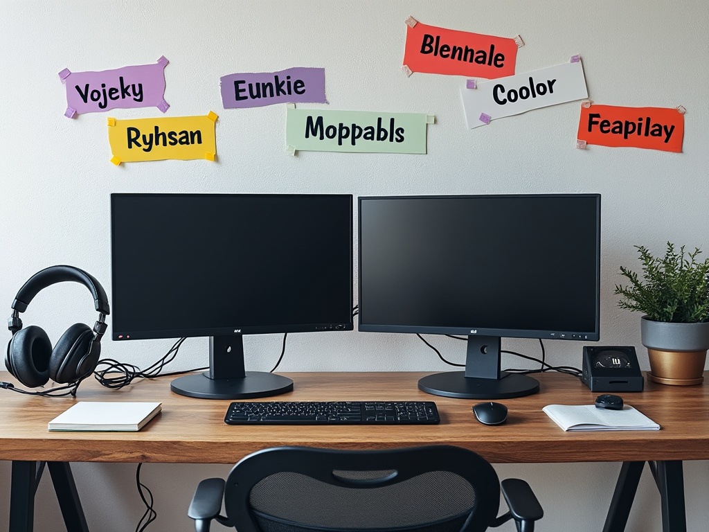 photo of an empty desk with two monitors and headphones and nicknames taped to the wall