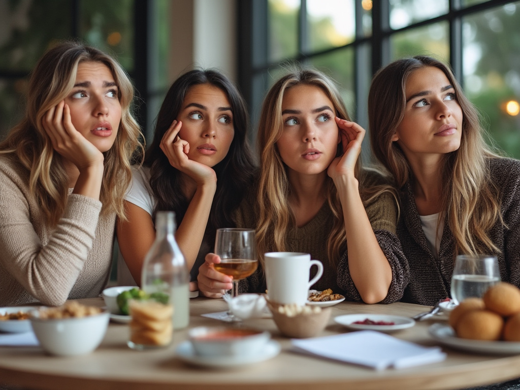 four women who look confused sitting at a table together