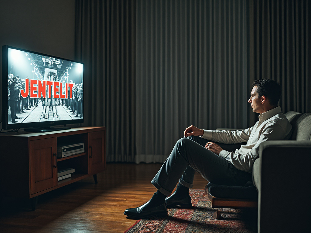a man sitting on a couch and a TV showing unrest on the viewer's left