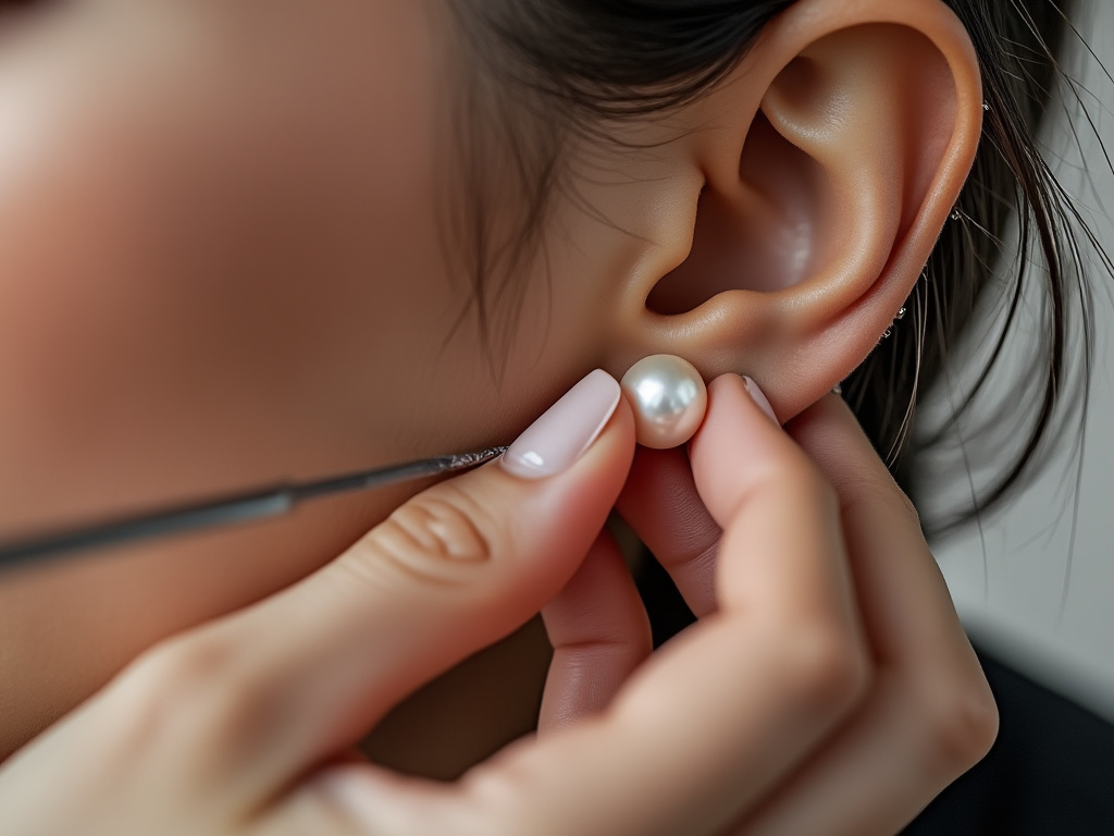 a closeup of someone's hands drilling a hole in a pearl earring