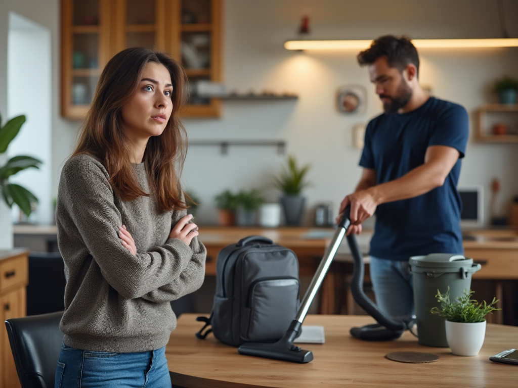 a photo of a woman watching a man vacuum a backpack on a table