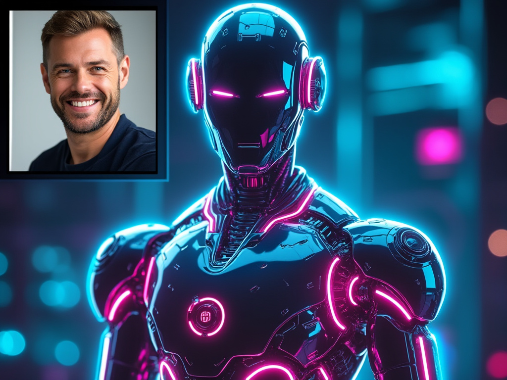a photo of a sophisticated robot with futuristic neon lights with an inset of a smiling man