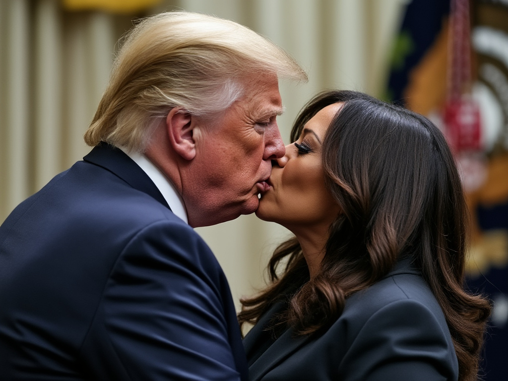a photo of Donald Trump and Kamala Harris locking lips
