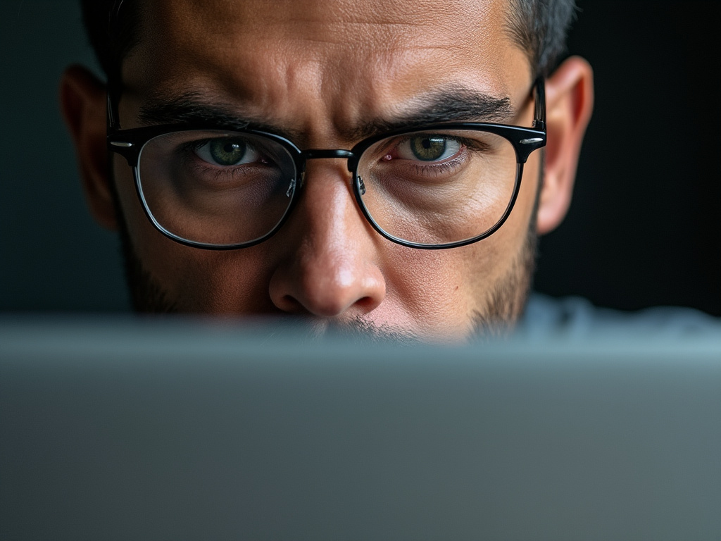 close-up image of a man with a serious look as he uses his macbook