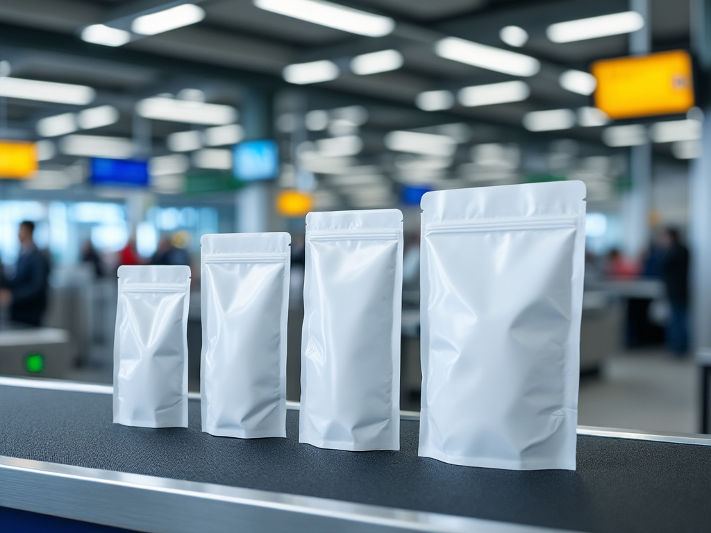 a photo of a security checkpoint at an airport, with rows of laminated 1L bags on a table as example sizes