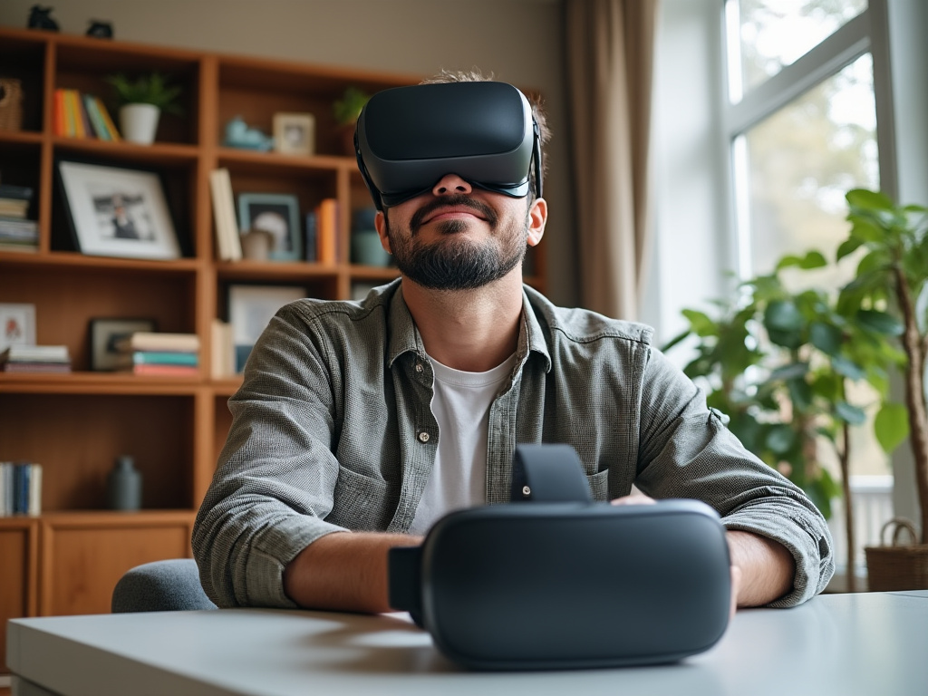 a photo of a man sitting in a family room with a vr headset sitting on a table in front of him