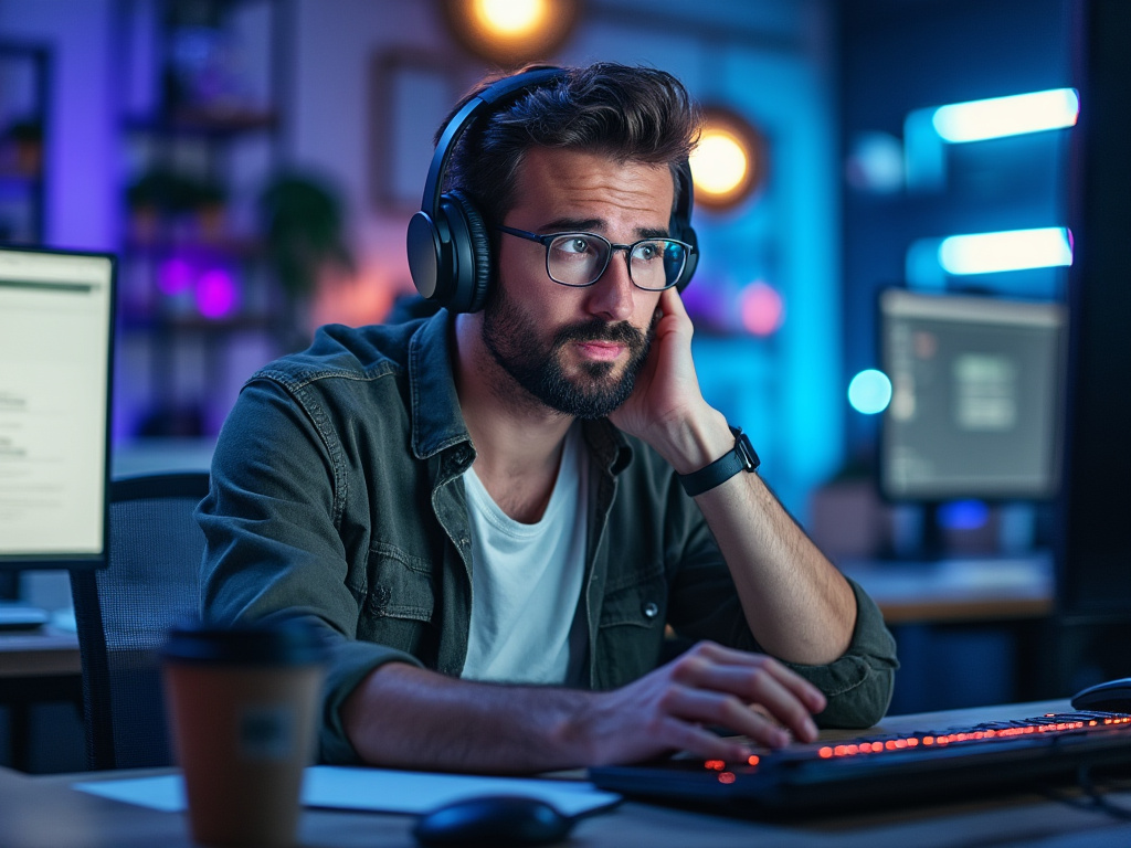 a candid photo of a man sitting in front of his computer wearing headphones looking slightly confused