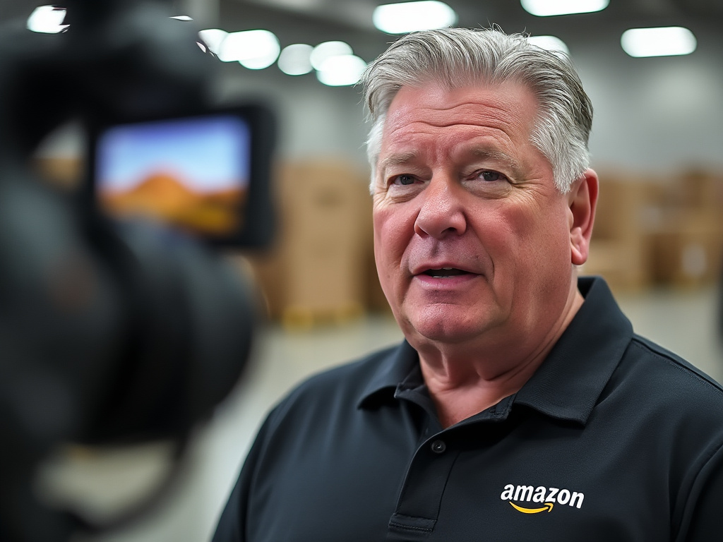 a photo of Al Gore talking to a camera with an amazon warehouse in the background