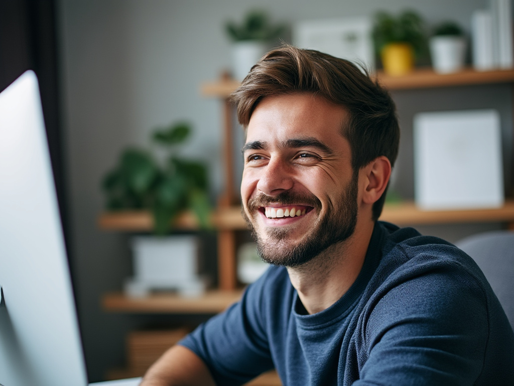 stock photo of a man smiling at his computer