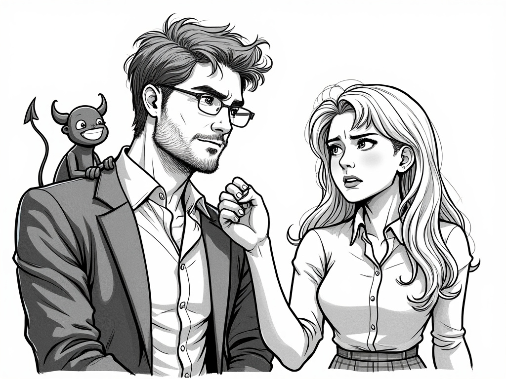 a drawing of a man trying to decide on buying ChatGPT-4 while his shoulder devil rubs his hands together and smiles with a woman beside him looking annoyed