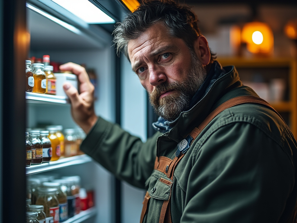 a photo of a large man with his hand in a garage deep freezer