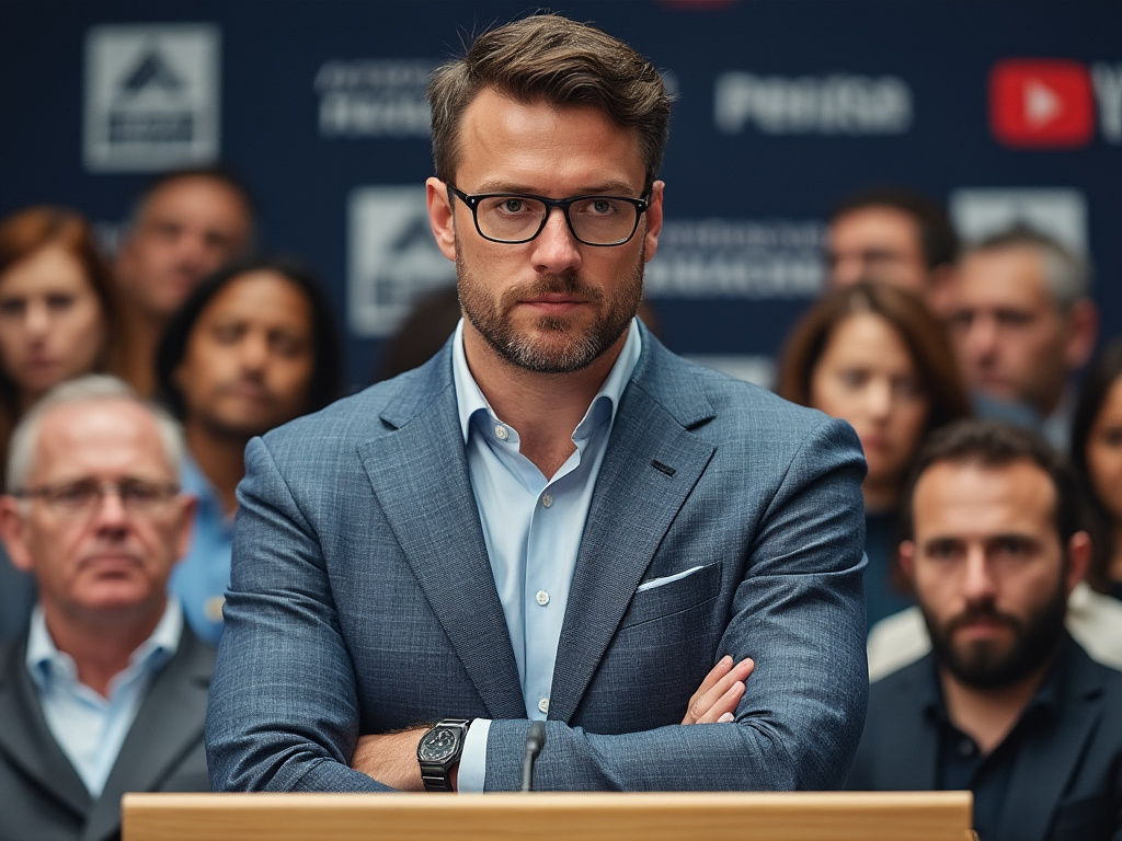 a very determined-looking man standing on a stage in a press event photo