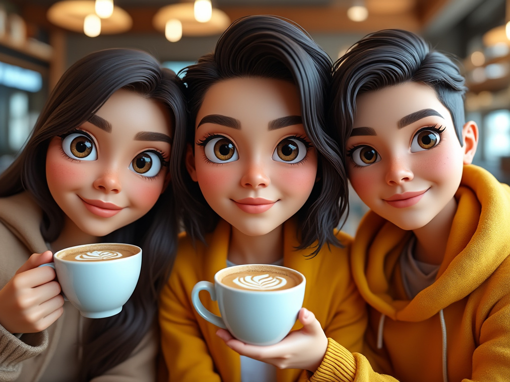 a futuristic cartoon selfie of three AI generated people at a coffee shop built in a game engine